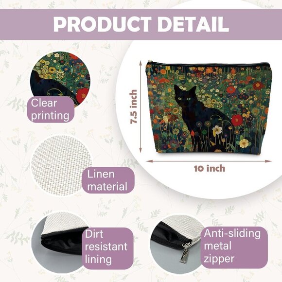 Black Cat Floral Cosmetic Bag Pouch - Makeup Bag for Women, Cat Lover Gift, Mom - Picture 6 of 6